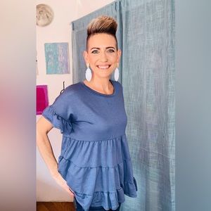 NWT 💙 Denim Ruffle Frill Short Sleeve Swing Top 💙
